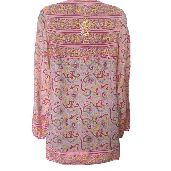 Lucky Brand Boho Embroidered Tunic Top Pink Paisley Long Sleeve XS Cotton India - Picture 3 of 5